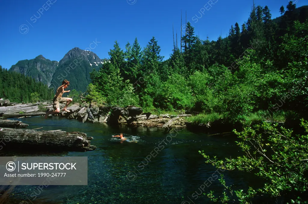 Schoen Lake/Davie River, kids swimming, Vancouver Island, British Columbia, Canada