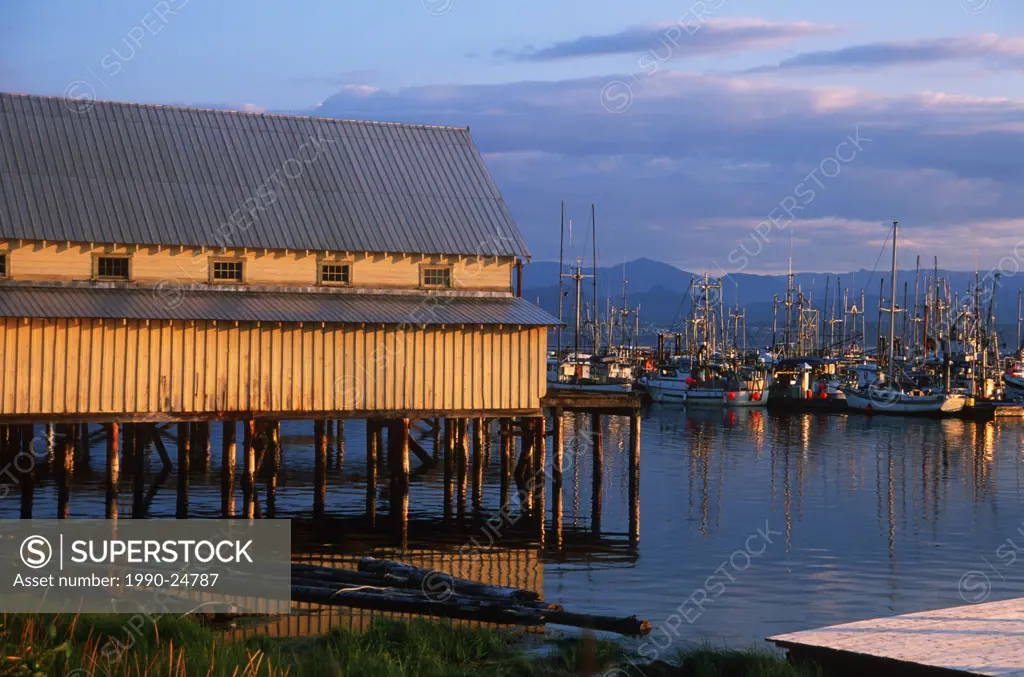Malcolm Island, Sointula - fishboats at wharf and shed, British Columbia, Canada