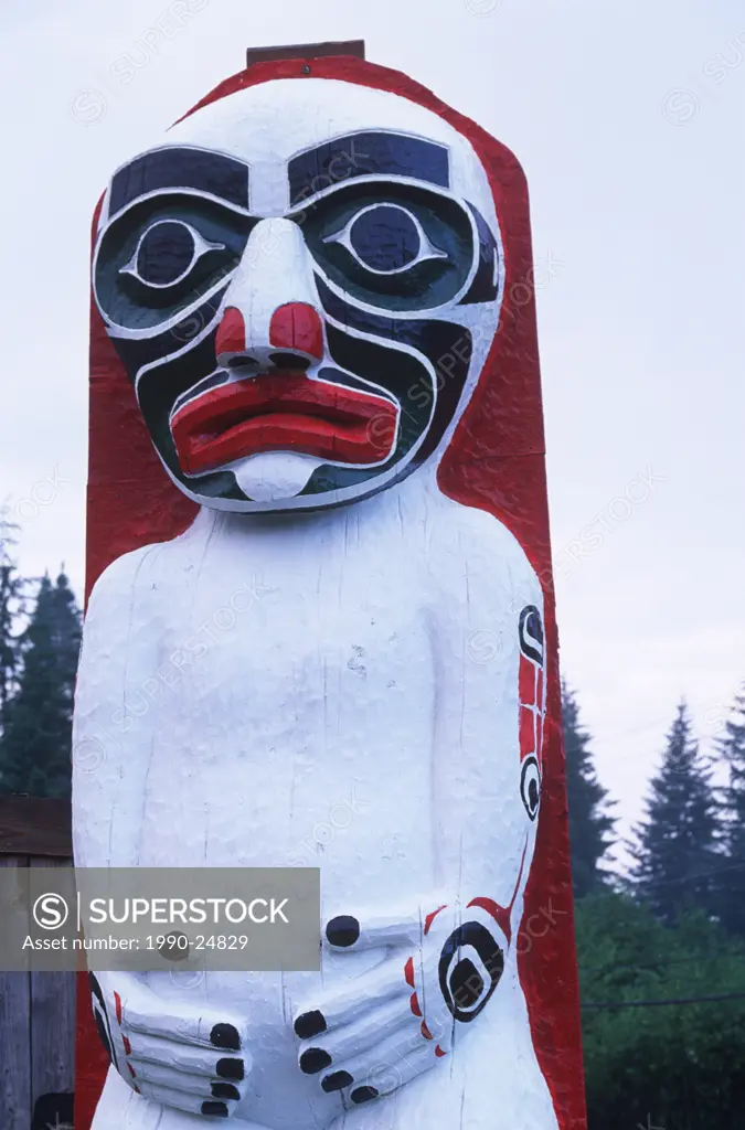 Sayward - totem pole of figure, Vancouver Island, British Columbia, Canada