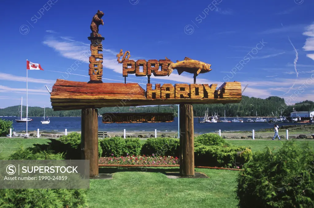 Port Hardy, carved sign, Vancouver Island, British Columbia, Canada