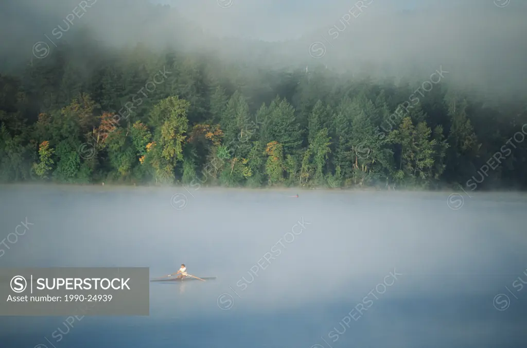 Elk Lake rowers in autumn mist, Victoria, Vancouver Island, British Columbia, Canada