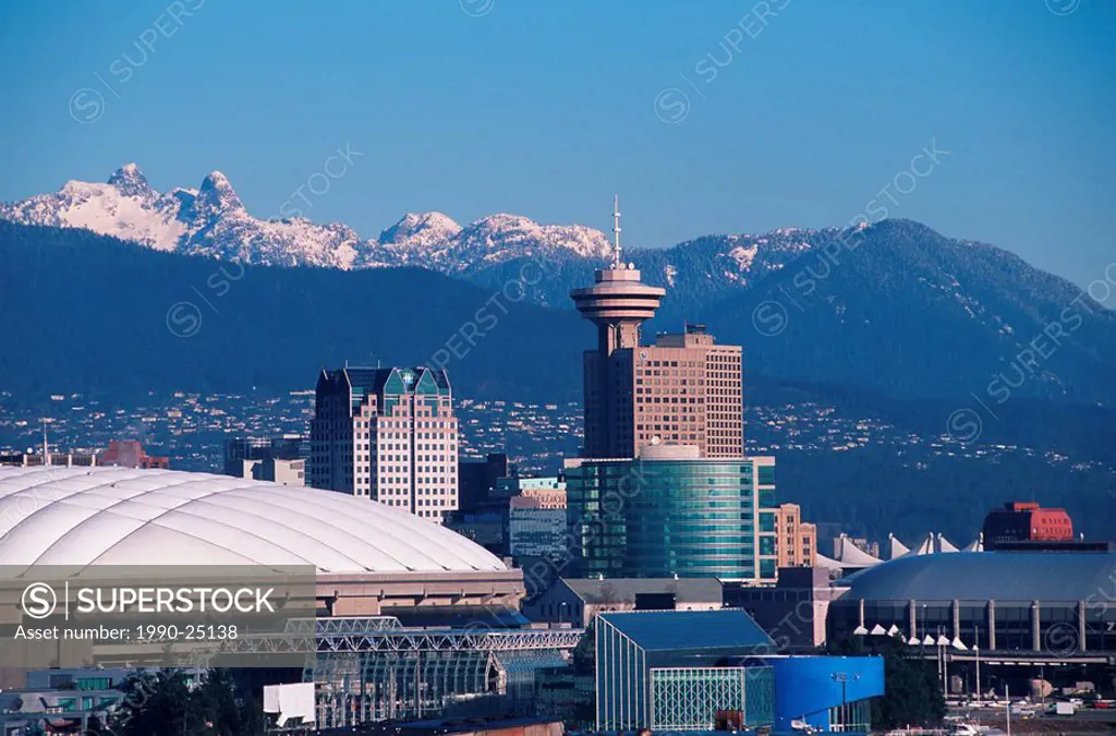 Downtown during the day with mountains beyond, Vancouver, British Columbia, Canada