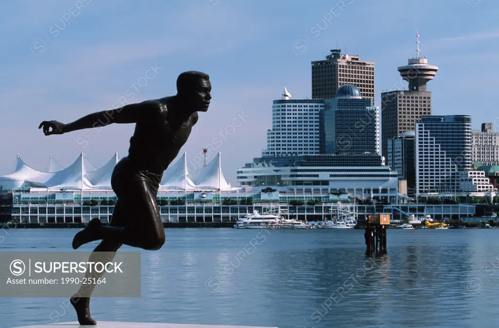 View of downtown and canada place from Coal Harbour, Harry Jerome statue, Vancouver, British Columbia, Canada