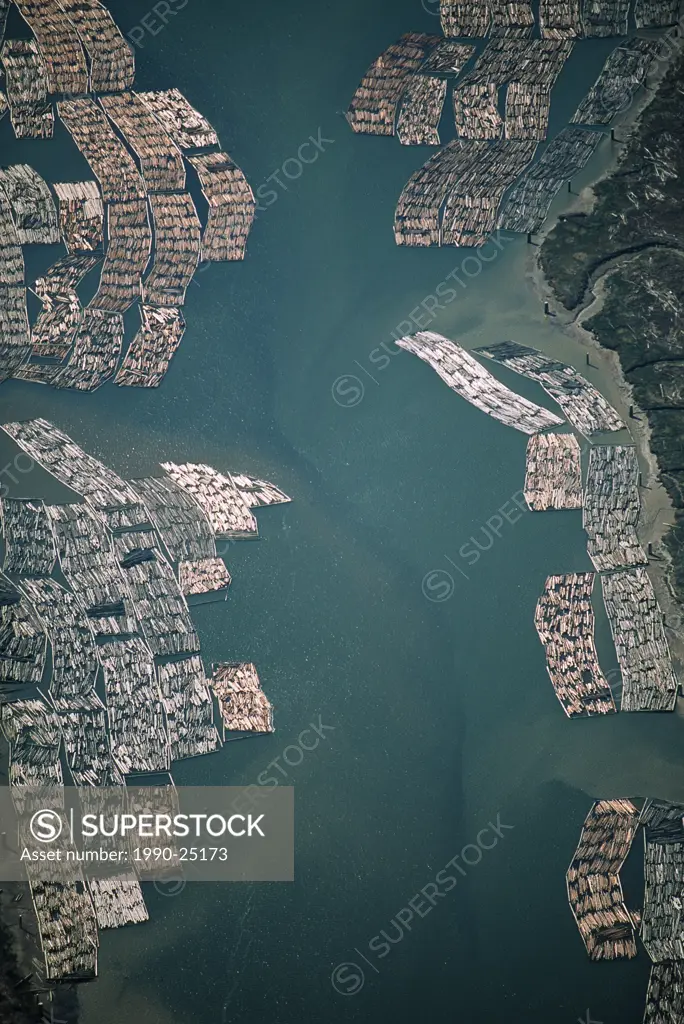 Aerial of Fraser river with log booms, Vancouver, British Columbia, Canada