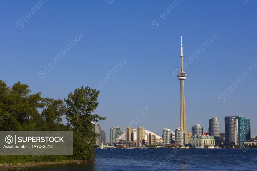 Skyline view across Lake Ontario from Toronto Islands of Toronto, Ontario, Canada