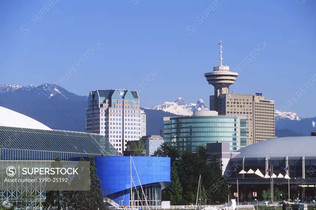 Skyline of downtown buildings, with BC and GM place, Vancouver, British Columbia, Canada