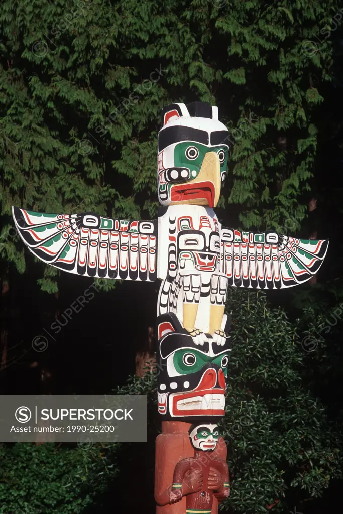 Iconic totem pole in Stanley Park, Vancouver, British Columbia, Canada