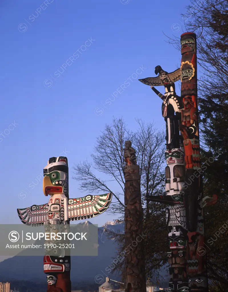 Stanley Park, totem pole array, Vancouver, British Columbia, Canada