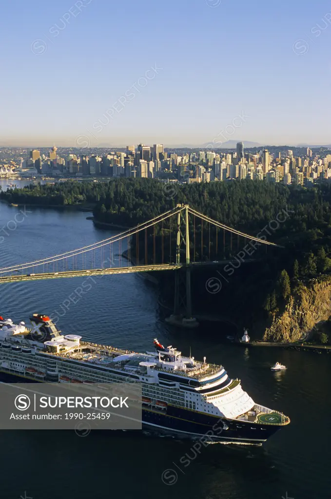 Cruise ship passing under the Lion´s Gate Bridge at sunset, Vancouver, British Columbia, Canada