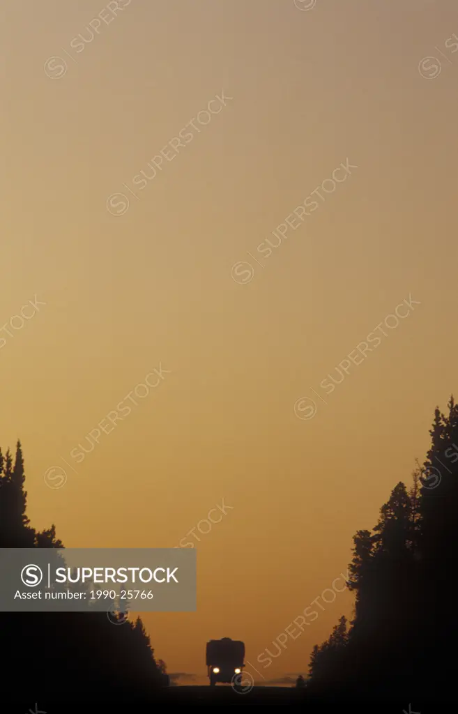 RV camper at sunset, Highway 20, Chilcotin region, British Columbia, Canada