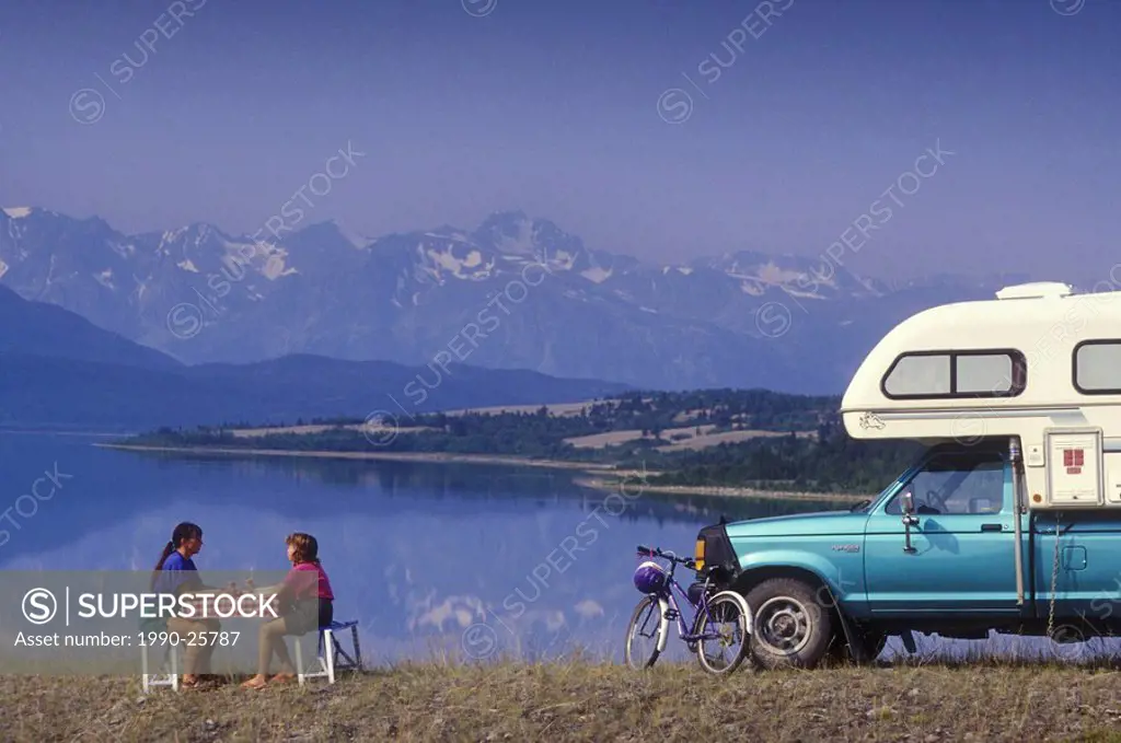 RV camping overlooking Tatlayoko Lake and Coast Mountains, Chilcotin region, British Columbia, Canada