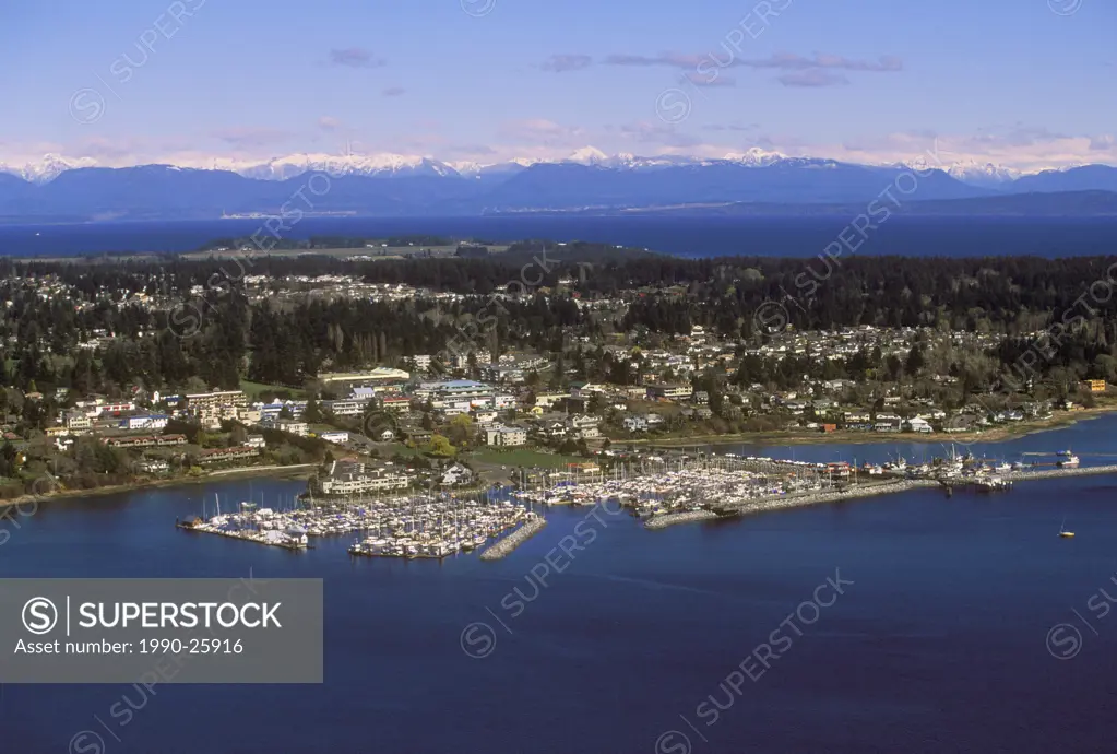 Comox Marina, and Comox peninsula with Coast range in background, Vancouver Island, British Columbia, Canada