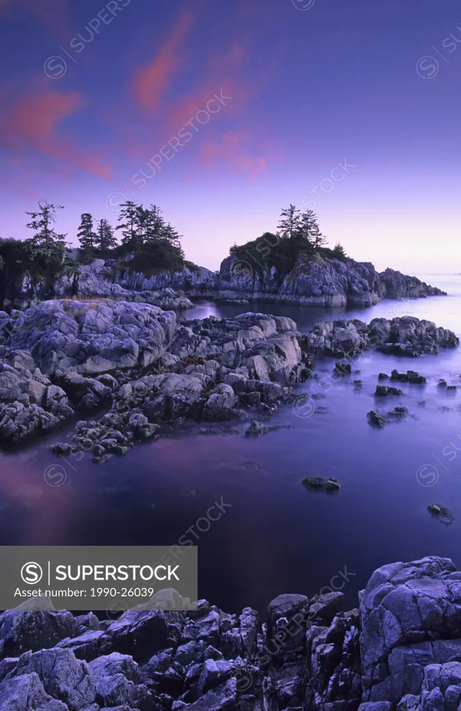Clayoquot Sound´s Flores Island at sunset, west coast of Vancouver Island, British Columbia, Canada