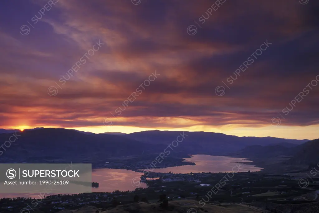 Sunset over Osoyoos Lake with forest fire smoke, British Columbia, Canada