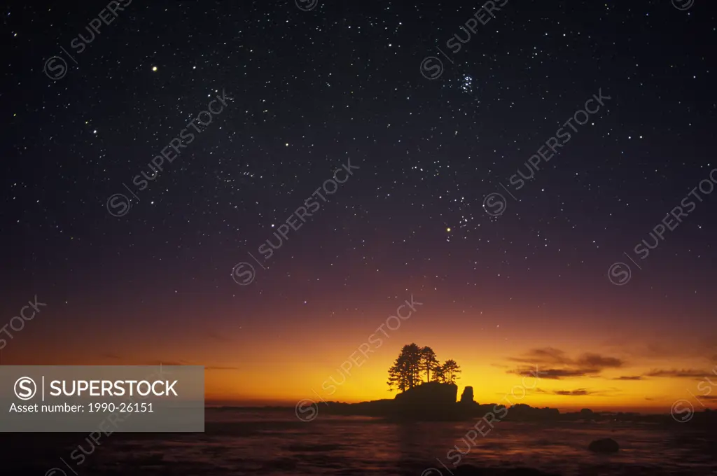 Star filled sky over Carmanah Point, West Coast Trail, Vancouver Island, British Columbia, Canada