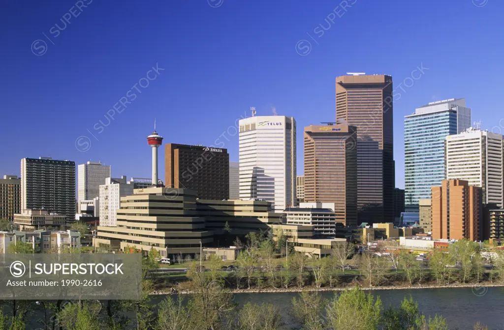 The Calgary Tower, the Bow River and the Calgary skyline on a beautiful spring day, Calgary, Alberta, Canada