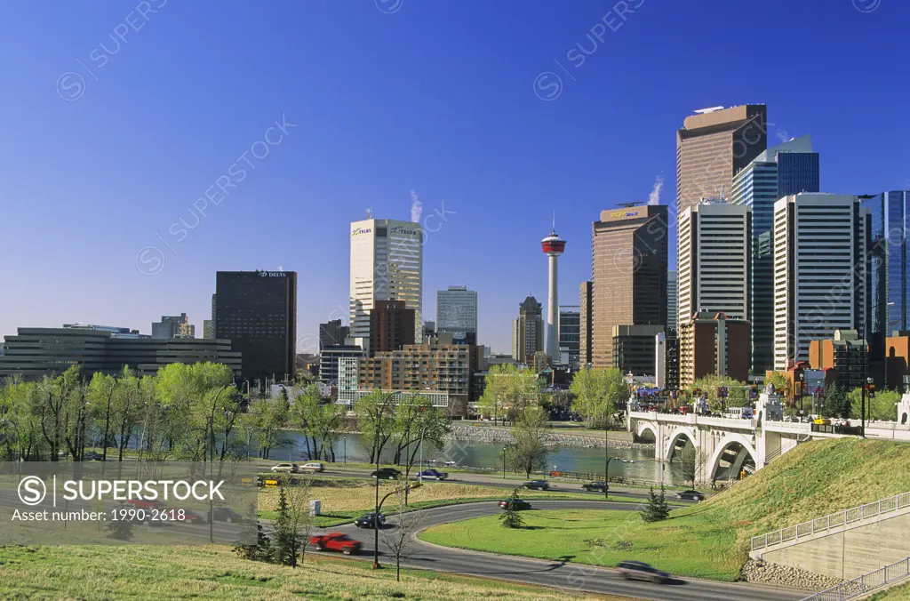 The Calgary Tower, Memorial Drive, the Bow River and the Calgary skyline on a beautiful spring day, Calgary, Alberta, Canada