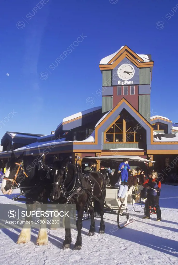 Big White Ski Resort, Sleigh by clock tower, 56 km SE of Kelowna, Okanagan Valley, British Columbia, Canada