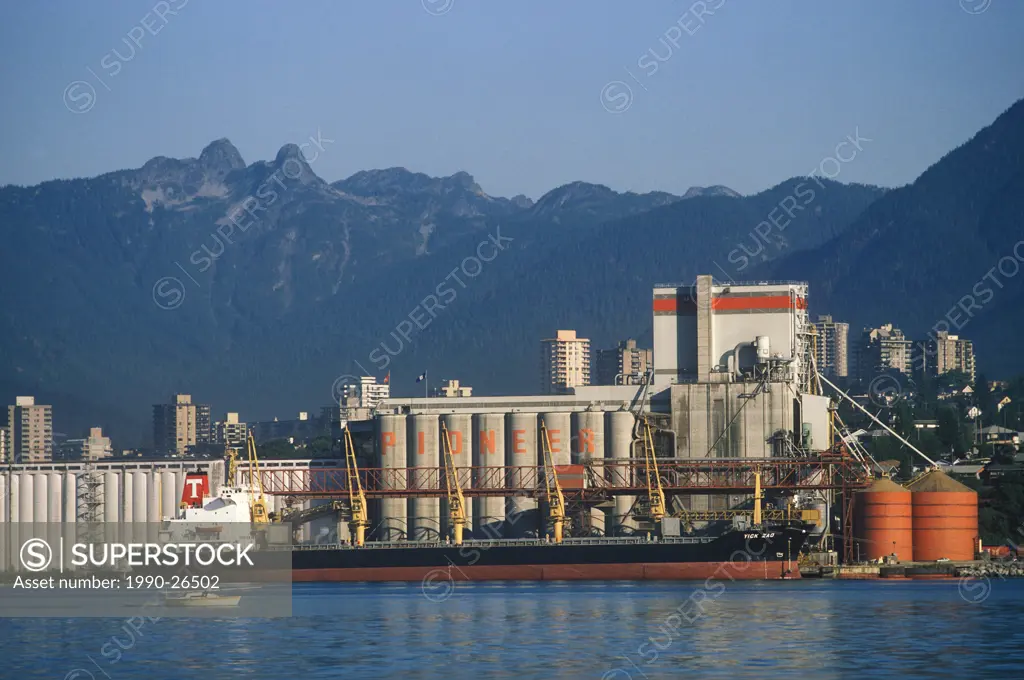 Cargo ship in front of grain dock, Prince Rupert, British Columbia, Canada