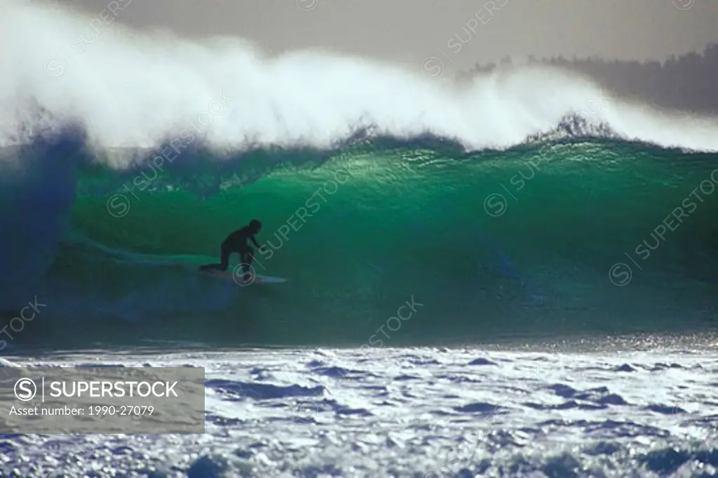 Surfer pulling in backside at a secret left point in Clayoquot Sound, Vancouver Island, British Columbia, Canada