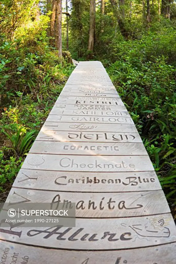 Boat names adorn the walkway to Hot Spring cove, Maquinna Provincial Park, Vancouver Island, British Columbia, Canada
