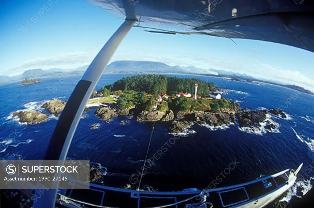 Aerial view of the Lennard Island lighthouse in Clayoquot Sound near Tofino, Vancouver Island, British Columbia, Canada