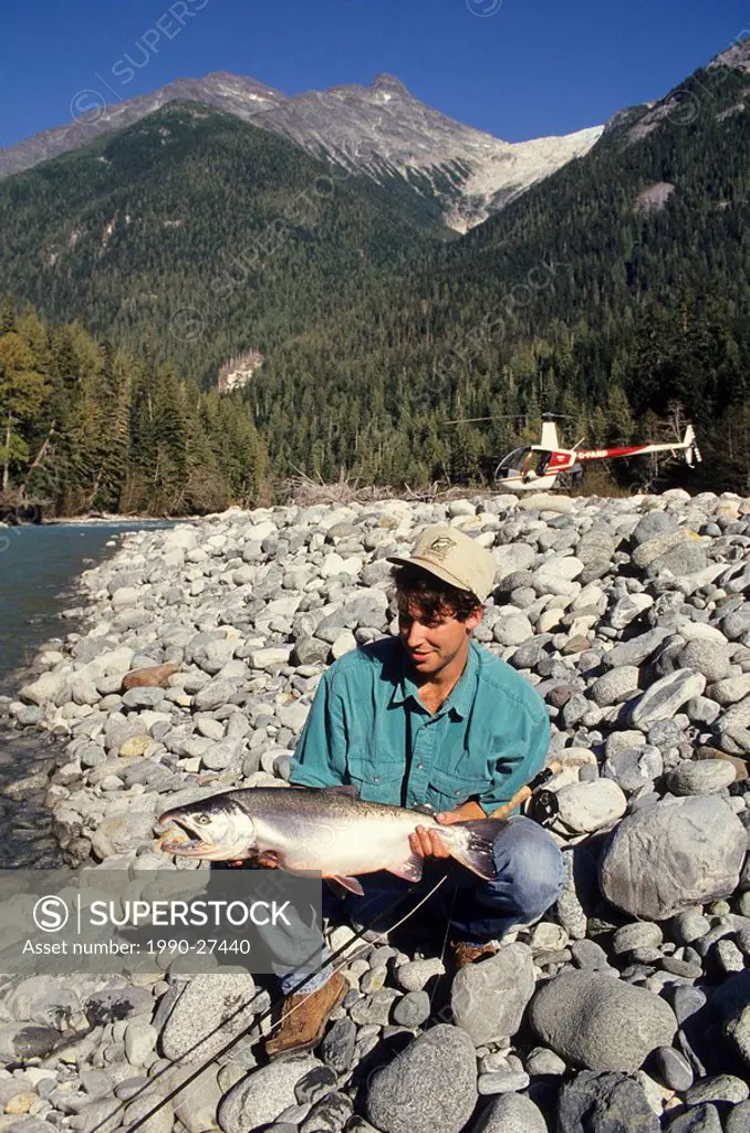 Heli-fishing for coho salmon on the central coast, Kitlope watershed, British Columbia, Canada