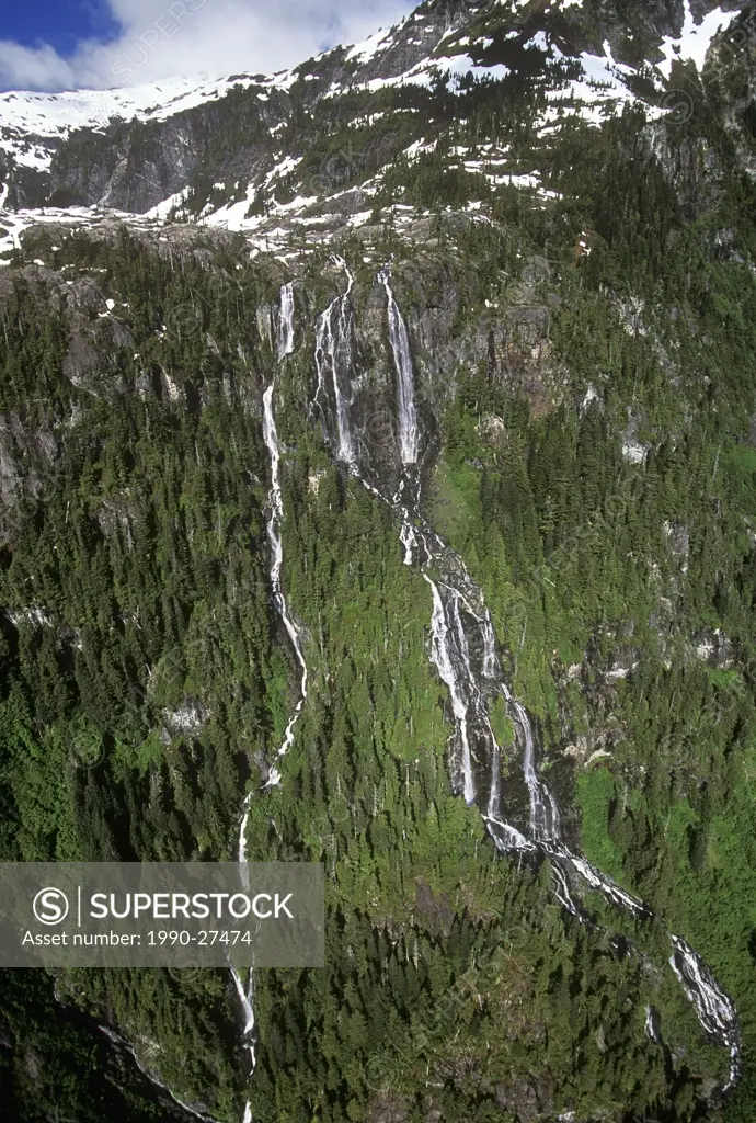 Aerial of Della Falls, Strathcona Provincial Park, Vancouver Island, British Columbia, Canada