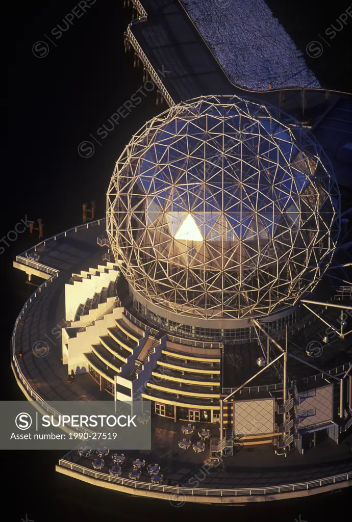 Aerial of Expo Geodesic Dome, now Science World, Vancouver, British Columbia, Canada