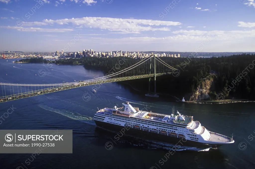 Cruise ship passing under the Lions Gate Bridge, Vancouver, British Columbia, Canada