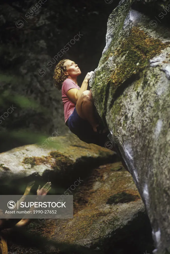 Bouldering Wafer Thin, Grand Wall area, Squamish, British Columbia, Canada.