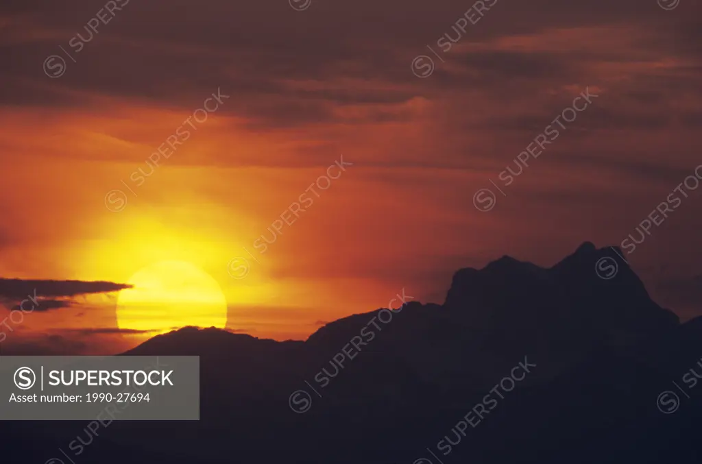 Sunset over Brian Boru peak, Bulkley Valley, British Columbia, Canada
