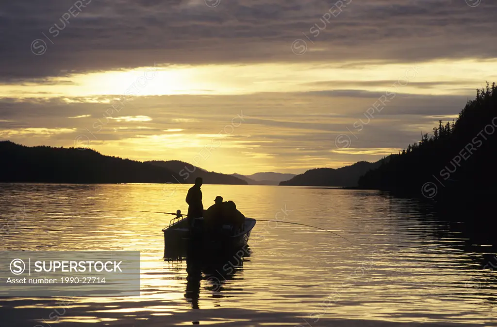 Boat salmon fishing at sunset, Work Channel, Prince Rupert, British Columbia, Canada