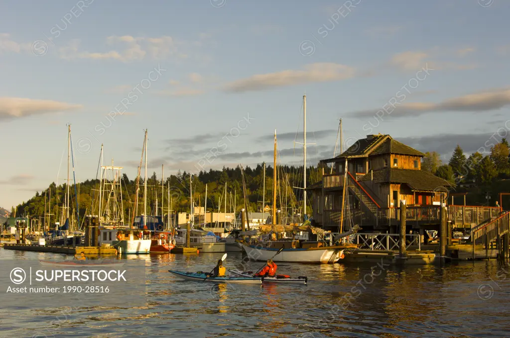 kayakers paddle in front of village, Cowichan Bay, Vancouver Island, British Columbia, Canada