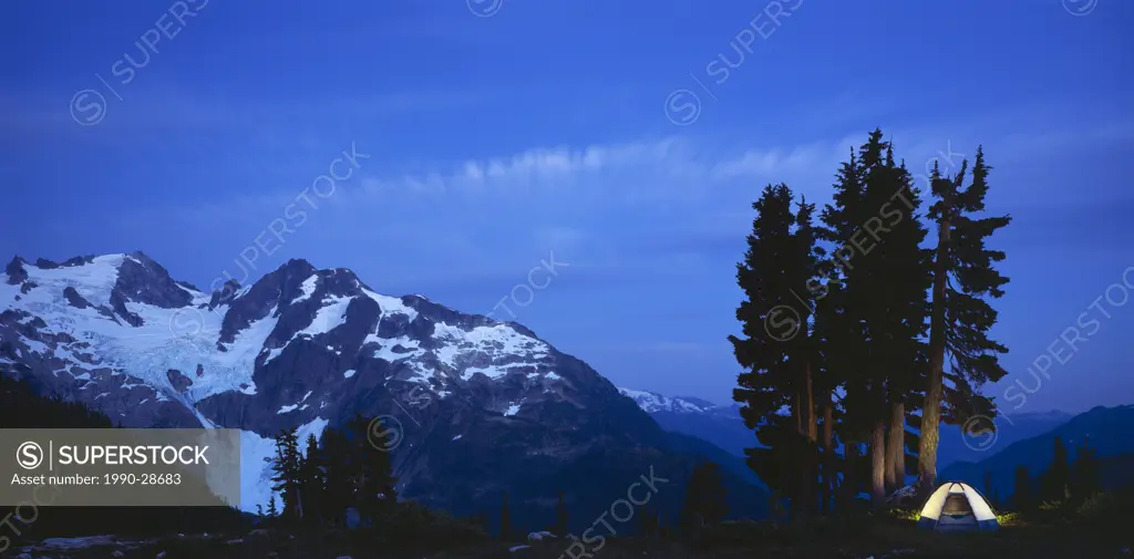 Campsite at night, Tantalus Range, Ossa and Pelion peaks in background, British Columbia, Canada