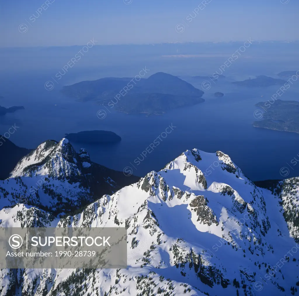 Aerial of the Lions with Georgia Strait in the distance, British Columbia, Canada
