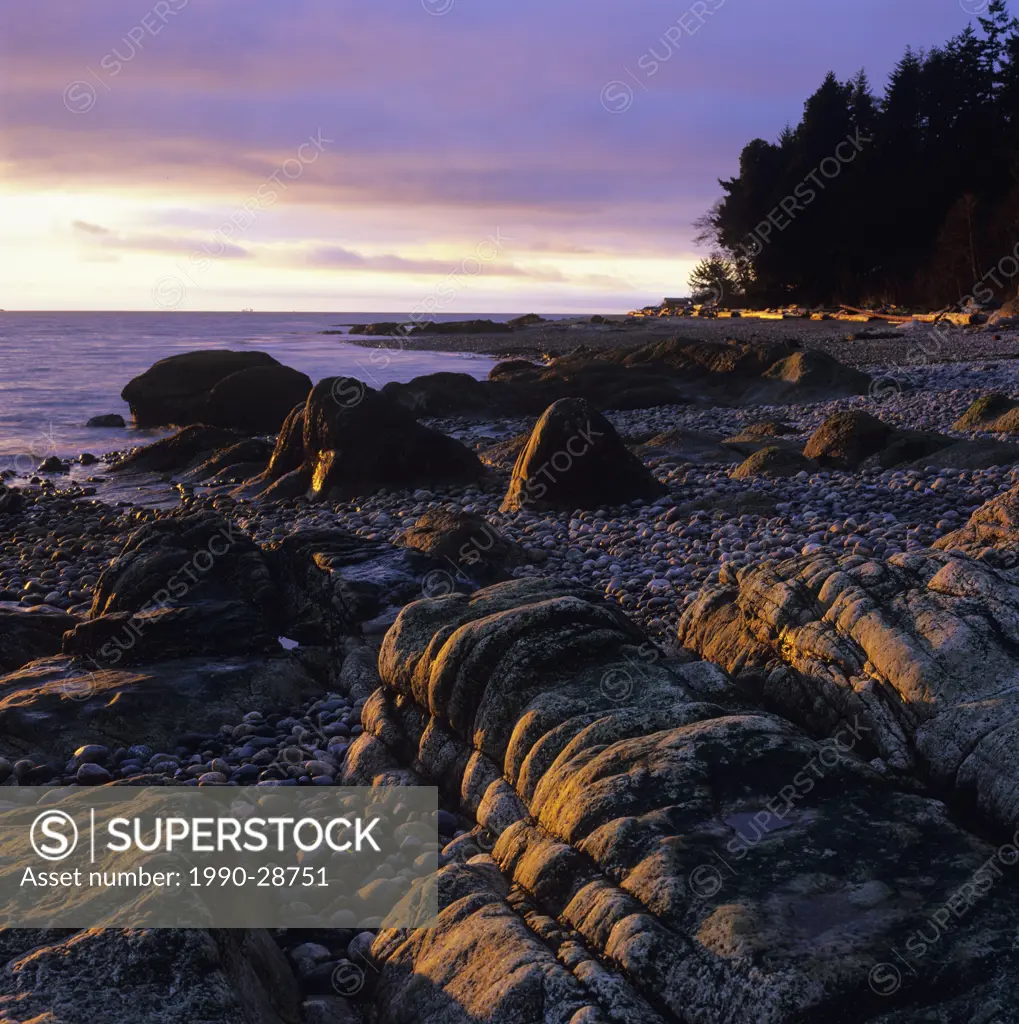 Flume Beach sunset, West Roberts Creek, Sunshine Coast, British Columbia, Canada
