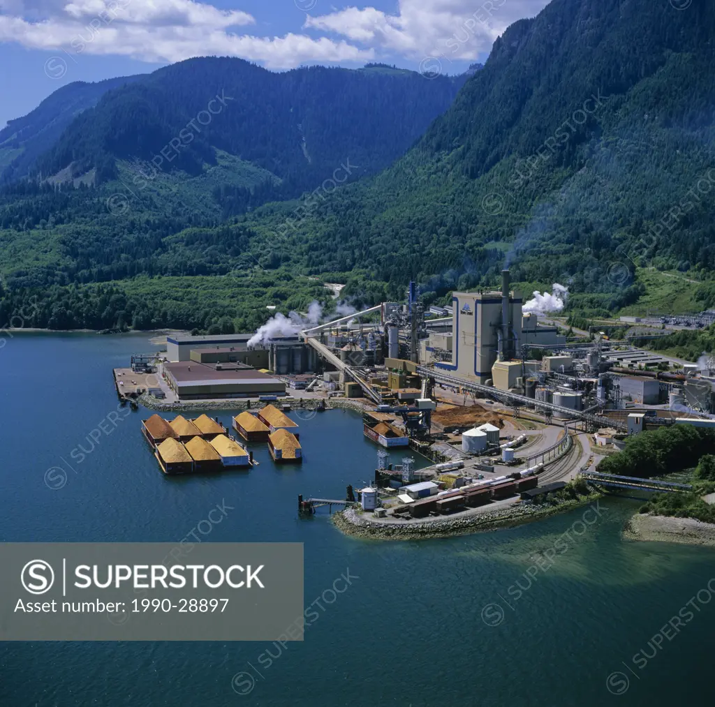 Aerial of pulp and paper mill, Howe Sound, British Columbia, Canada