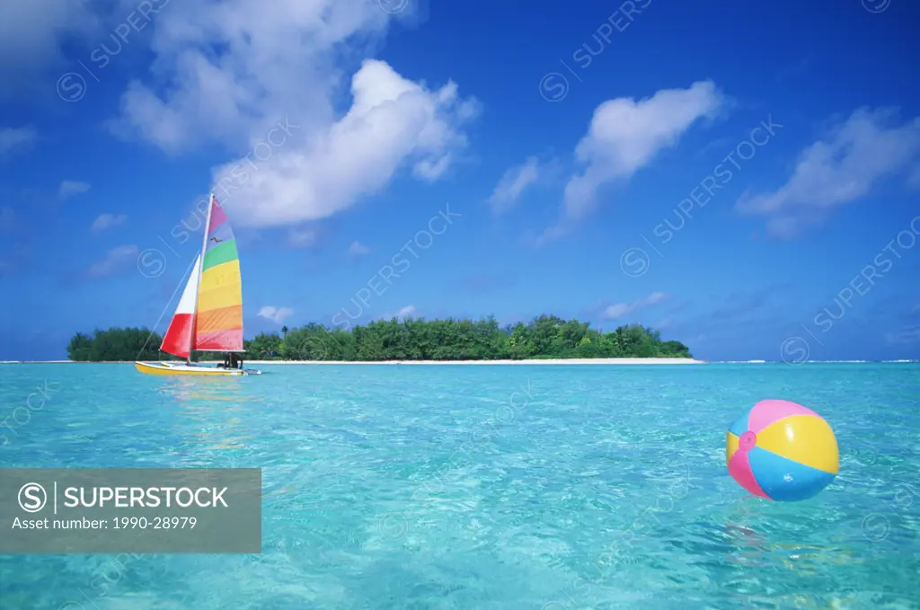 Cook Islands, South Pacific, Raratonga, Muri Lagoon, catamaran with beach ball
