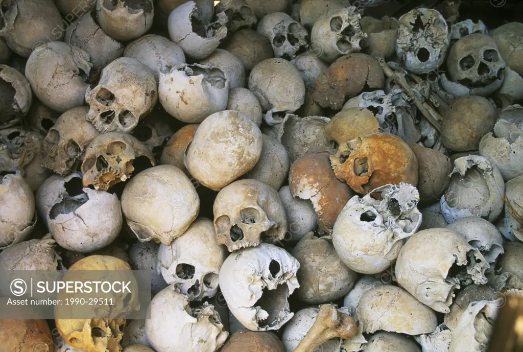 South East Asia, Cambodia, Siem Reap, human skulls as macabre testament to Pol Pot and Kymer rouge
