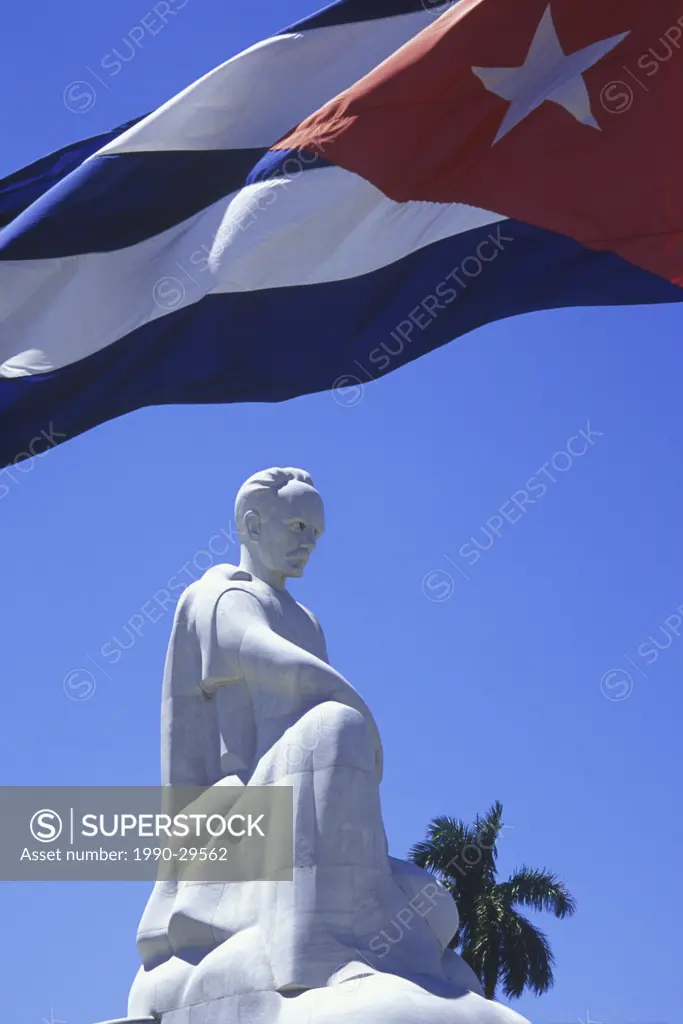 Cuba, Havana, Marble statue of a seated Jose Marti in front of the Memorial Jose Marti on Plaza de la Revolucion