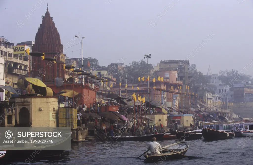 India, Varanasi, Ganges Ghats, religious pilgrims, bathing in river