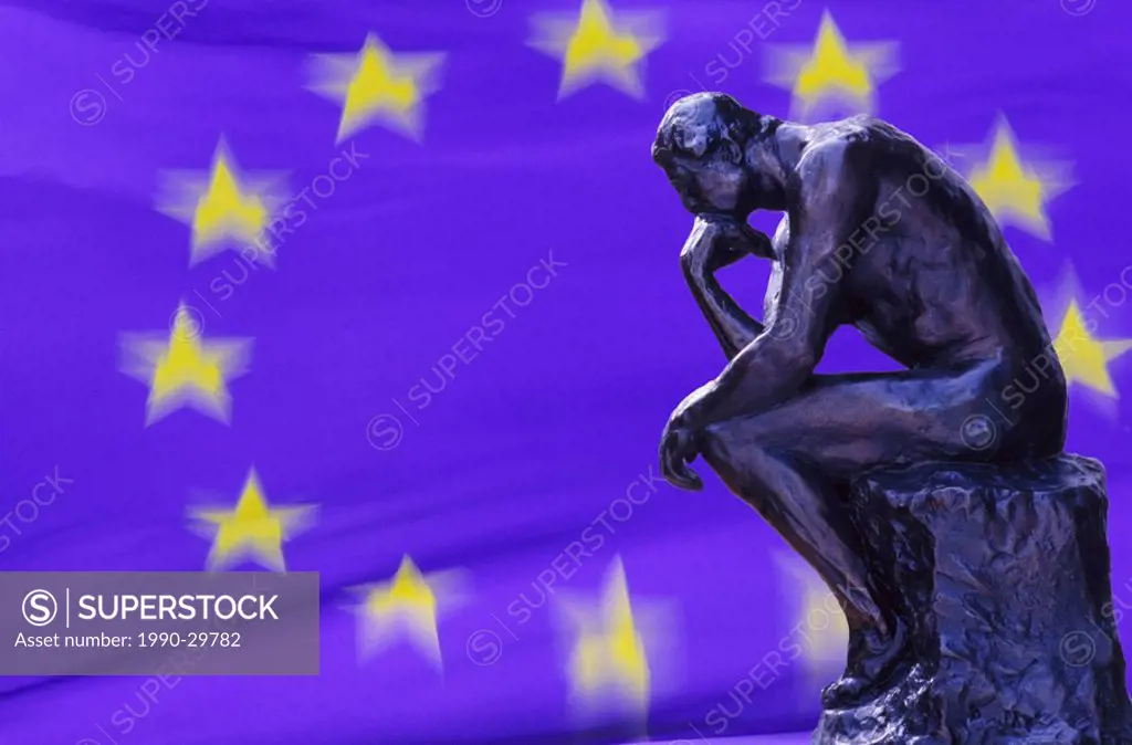 Model of Rodin´s Thinker, with blurred EEC flag as background
