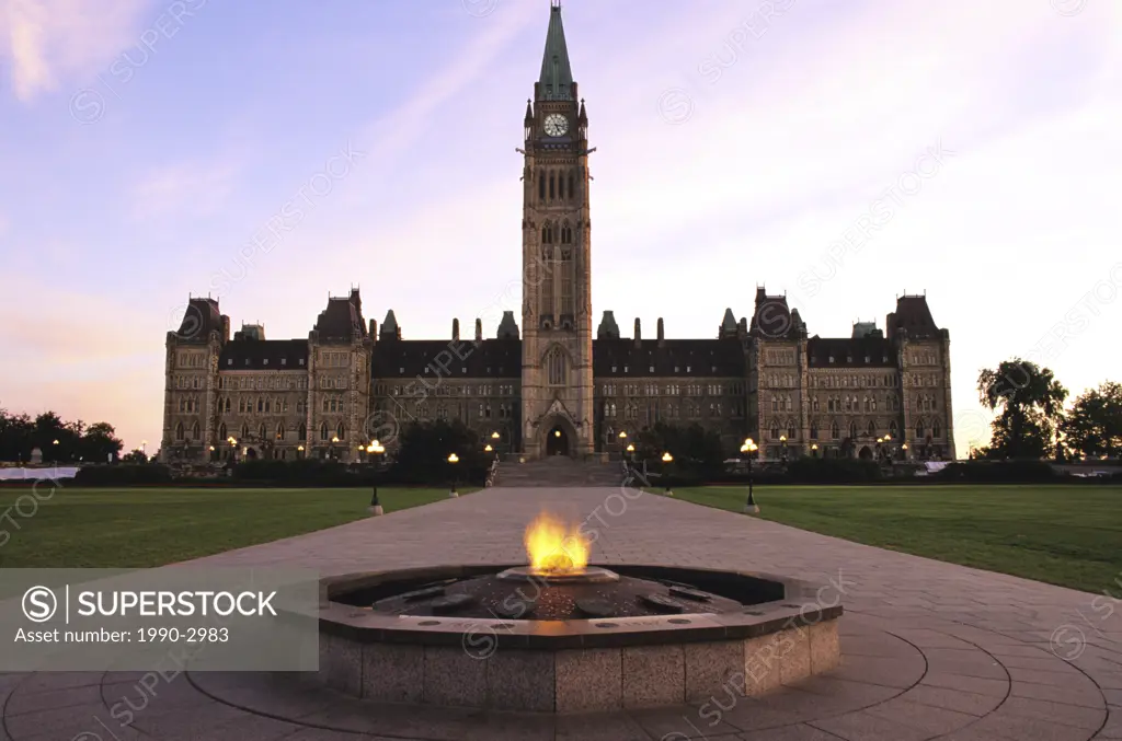 The Peace Tower and eternal flame, Center Block, Parliament Building, Ottawa Ontario, Canada