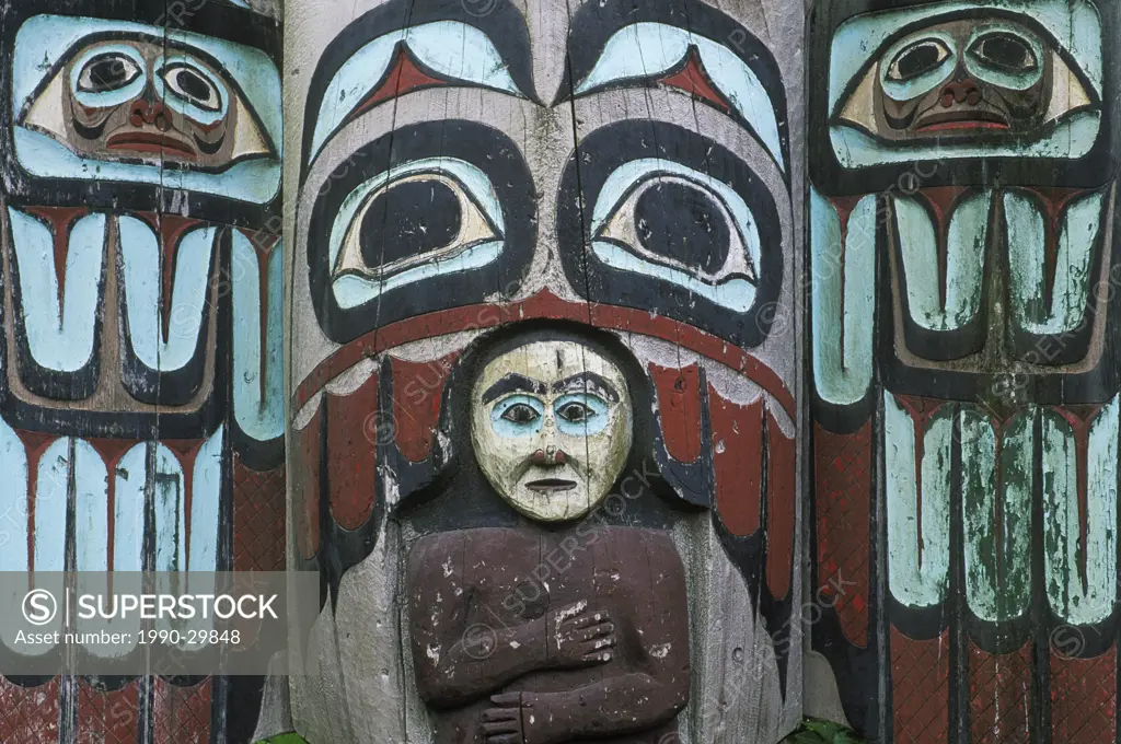 USA, Alaska, Totem Pole details from Totem Bight State Historical Park in Ketchikan
