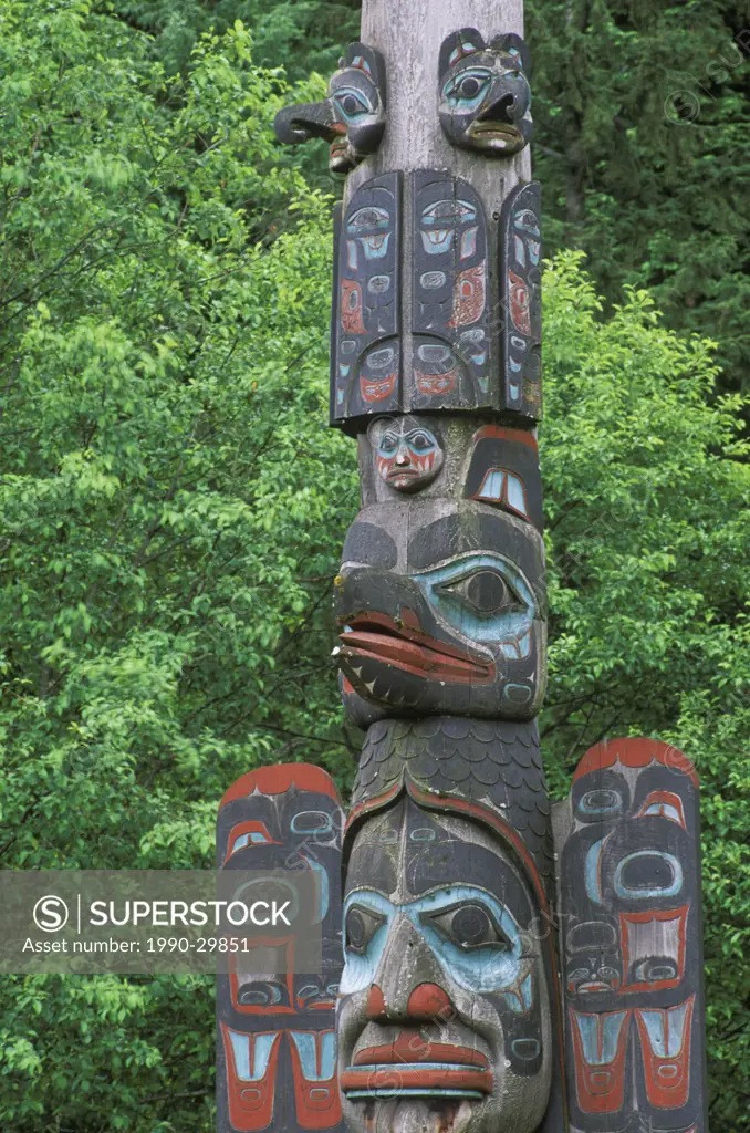 USA, Alaska, Totem Pole details from Totem Bight State Historical Park in Ketchikan