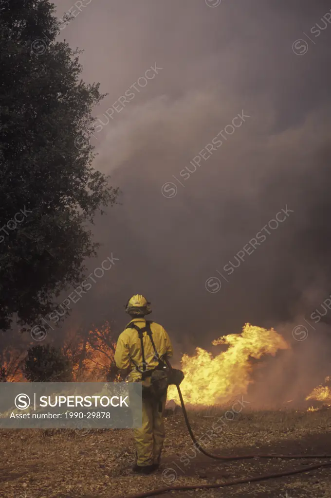 Firemen hoses down bush fire in Central California, USA