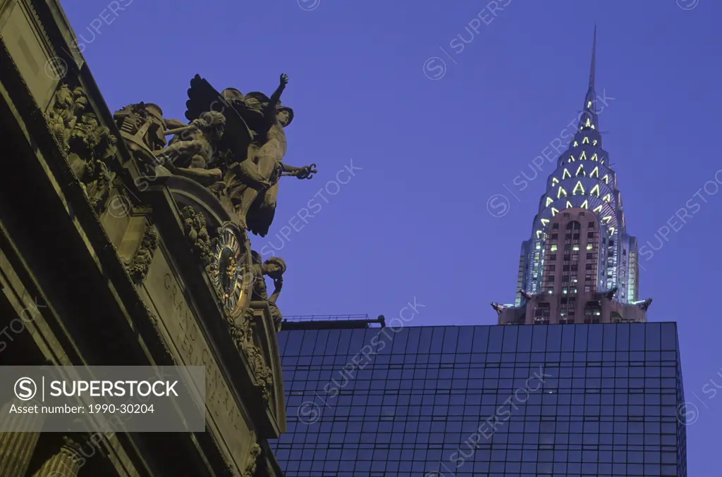 USA, New York City, Chrysler Building and Grand Central Station at twilight