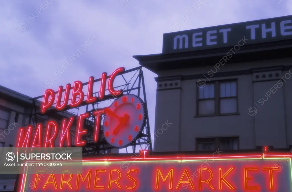 USA, Washington State, Seattle, neon sign at Pike Place Market