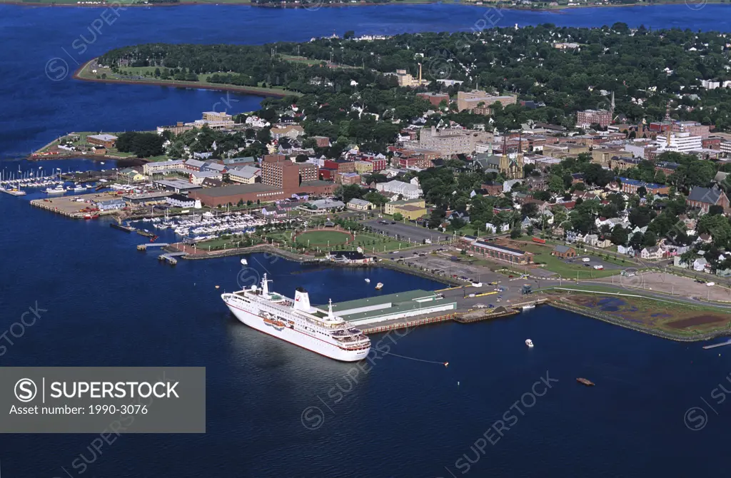 Aerial of Deutschland cruise ship docked at Charlottetown Harbour, Charlottetown, Prince Edward Island, Canada